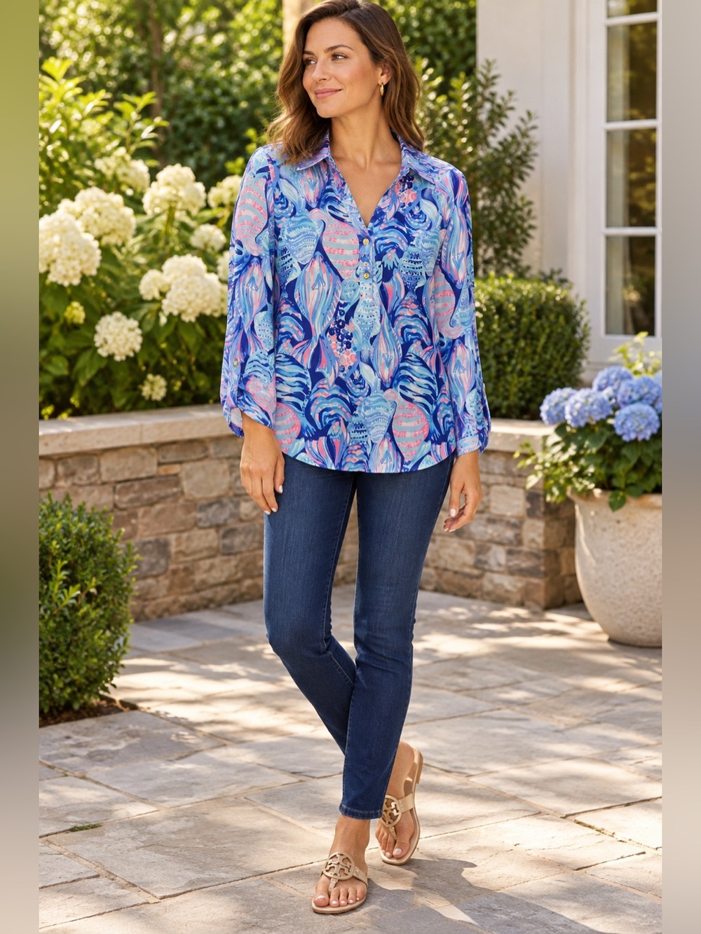 EEUC Lilly Pulitzer Seashell Print Tunic Top – Women’s Large – Blue, Aqua & Pink